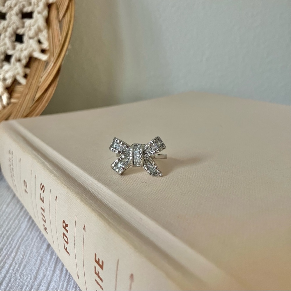 Silver Rhinestone Bow Glam Ring Girlhoodcore Coquette Femme Platinum Sparkly - Picture 8 of 12